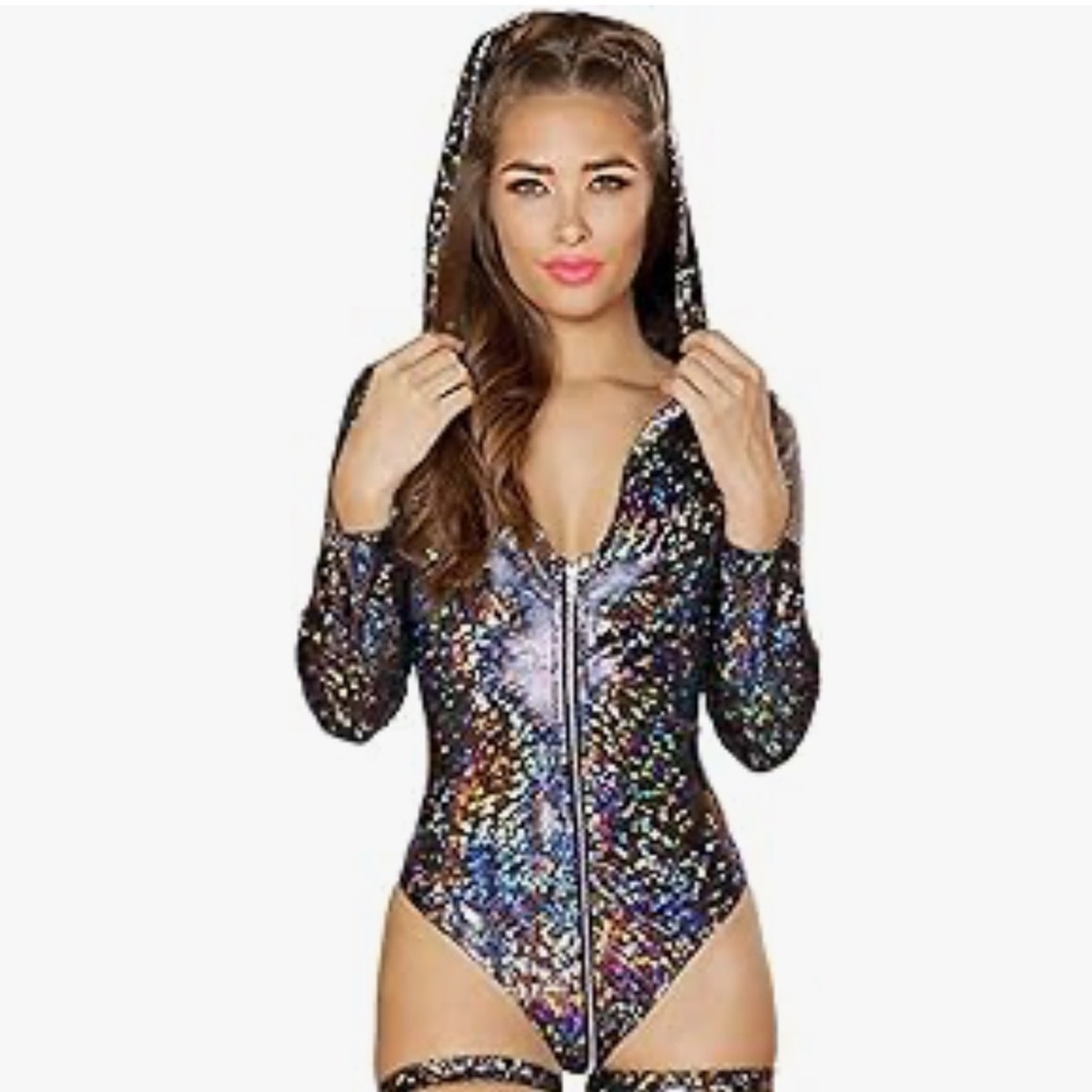 Silver metallic rave halo barbie bodysuit unicorn hood one piece romper festival - Picture 2 of 3